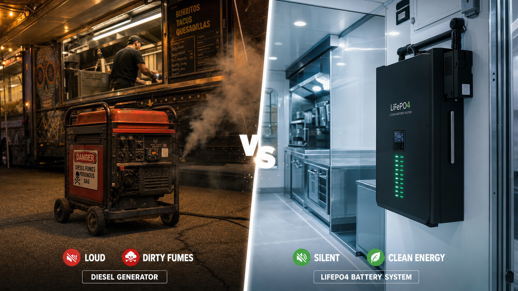 Food truck generator vs LiFePO4 battery system comparison