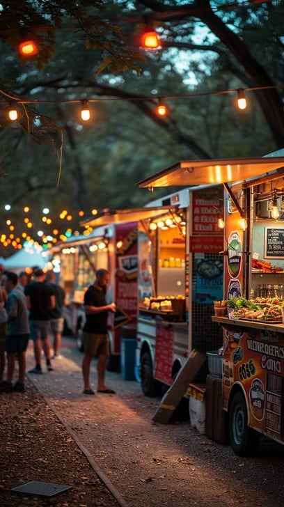 Food trucks at an outdoor event, lit up in the evening