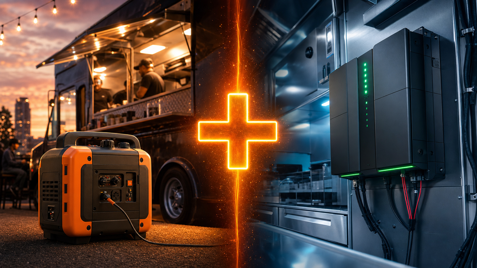 Split image showing a generator on the left and a wall-mounted lithium battery system on the right, connected by a glowing plus sign representing a hybrid power setup