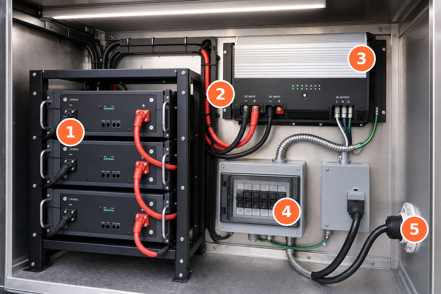 Food-truck battery system: battery stack, DC cables to inverter, AC wiring to distribution panel, shore-power inlet